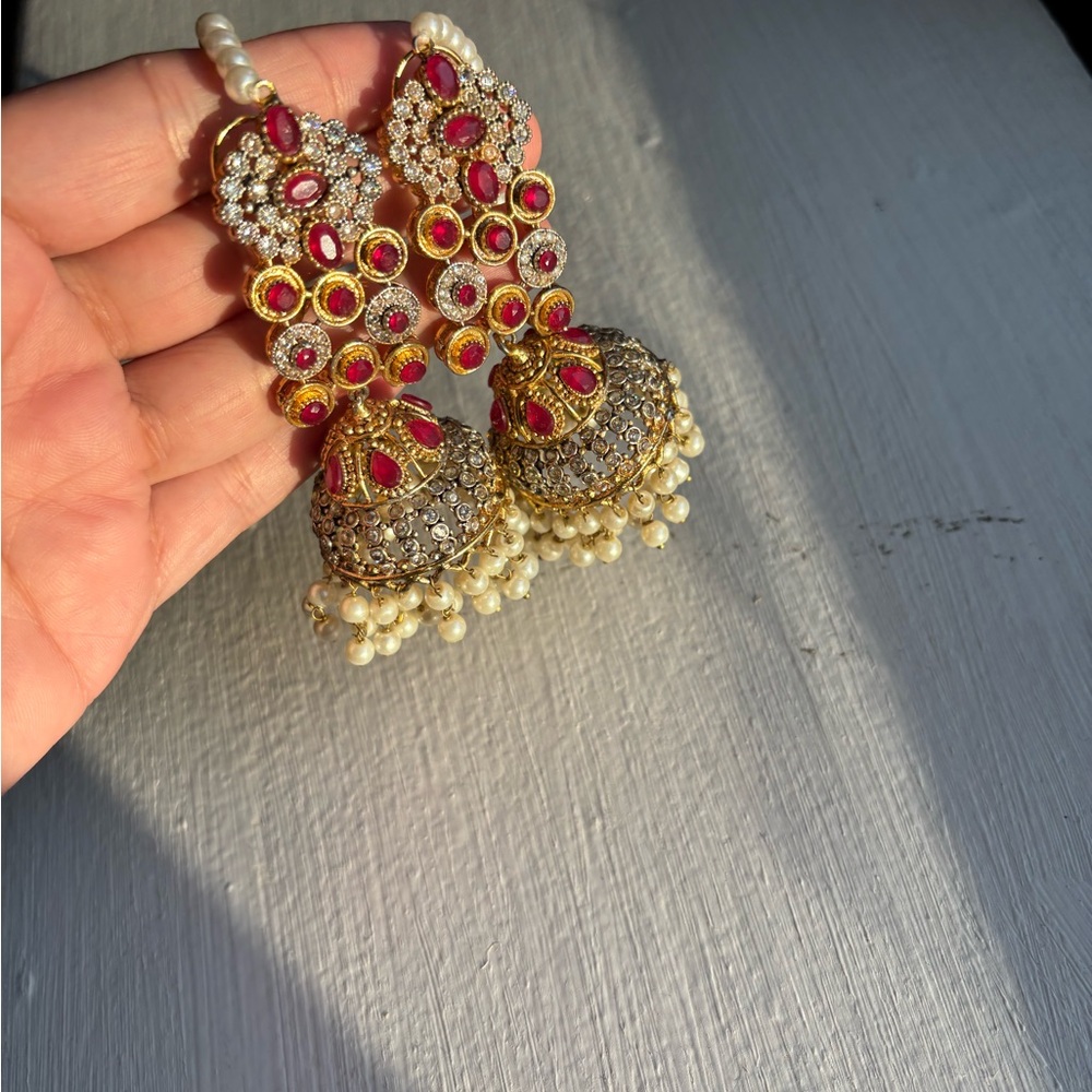 Elegant Gold and Pink Jhumka Earrings